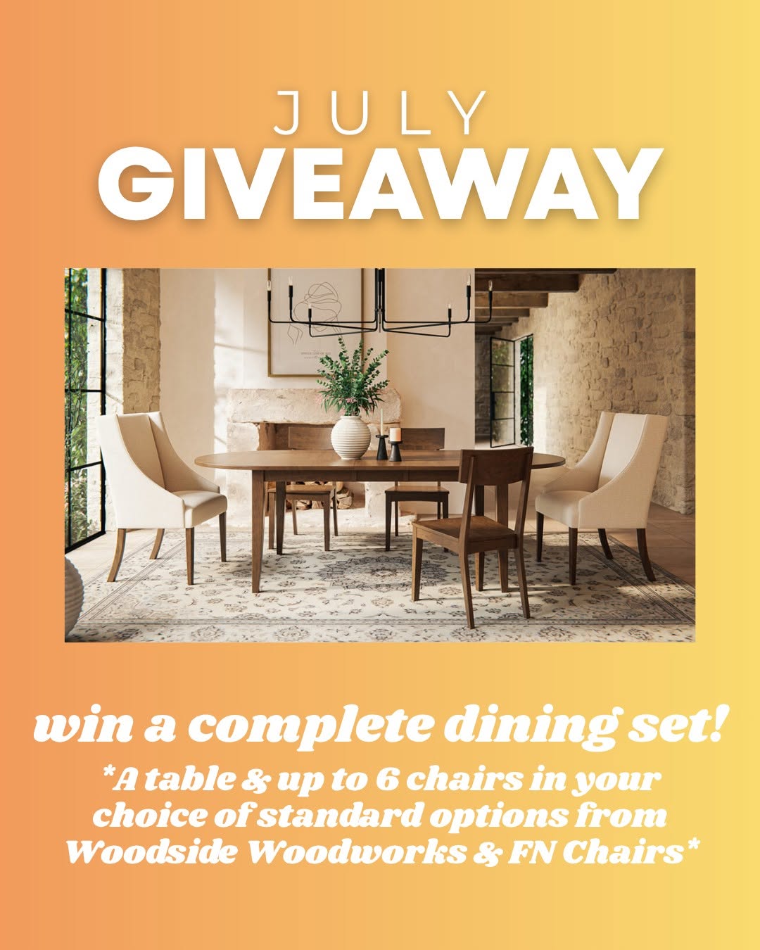 Image of an Ellington sofa by LuxHome. Text reads: June Giveaway. Ellington Sofa in your choice of arm style + standard or premium fabric